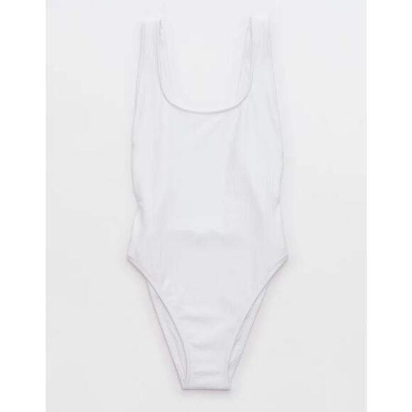 Aerie Shine Ribbed Birthday Scoop Cheekiest One Piece Swimsuit White Sz Small - Picture 3 of 10